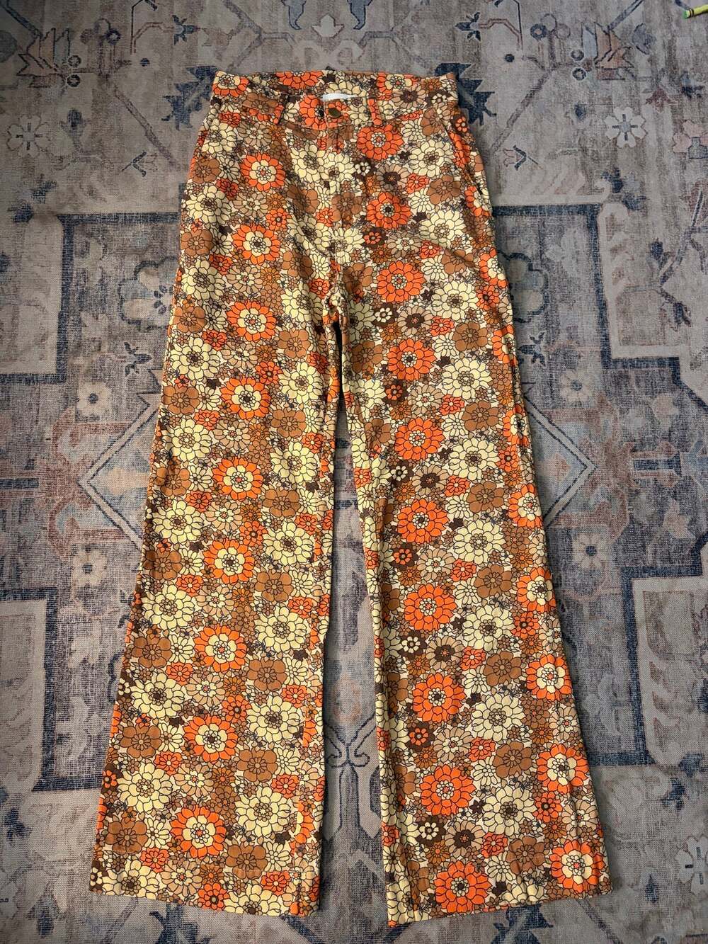 Stella Pardo Anthropologie XS Retro 70s Floral Flare Pants Cotton Boho